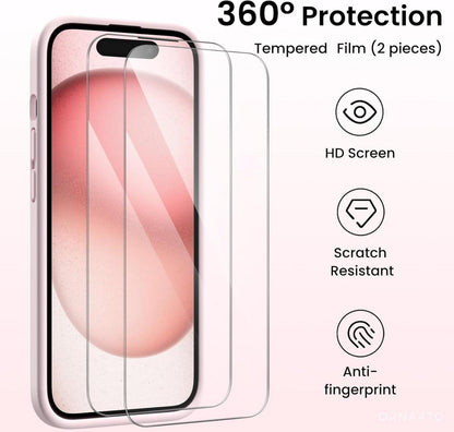iPhone 15 Hülle mit Kameraschutz, 2 Schutzfolien - flüssiges Silikon Handyhülle