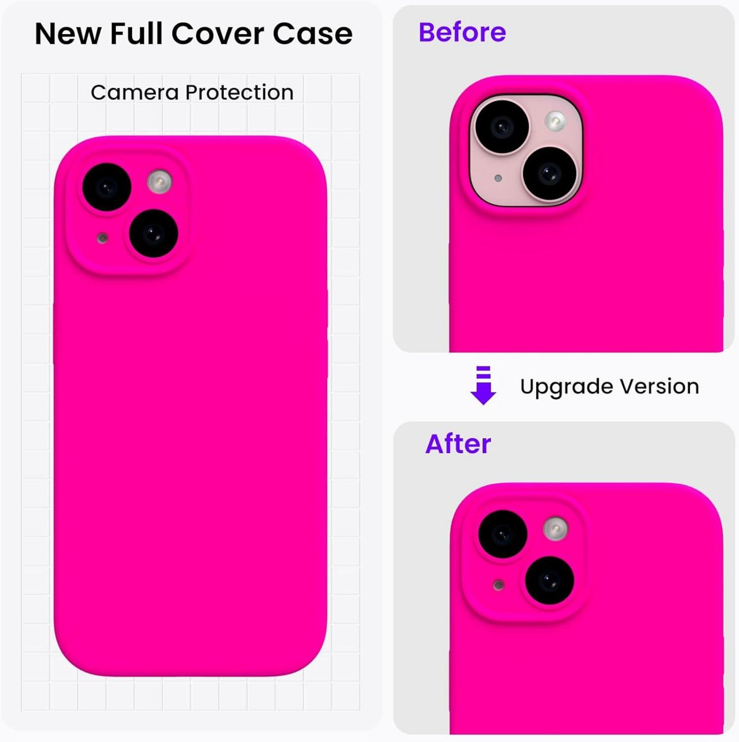 iPhone 15 Hülle mit Kameraschutz, Schutzfolien, flüssigem Silikon - 6.1 Zoll - stoßfest - Mikrofaser - Leuchtend Rosa
