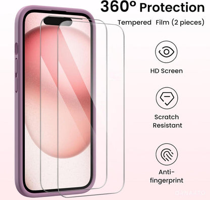 iPhone 15 Hülle flüssiges Silikon Kameraschutz 2 Schutzfolien Lila