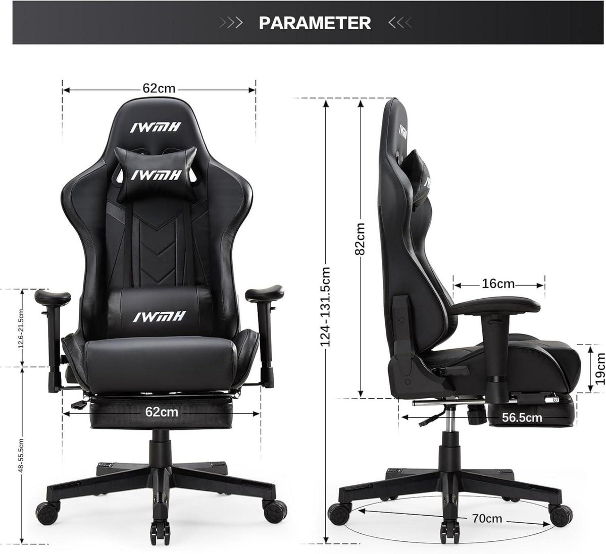 Gaming Stuhl, Ergonomisch, mit Fußstütze, Lendenstütze, Schwarz