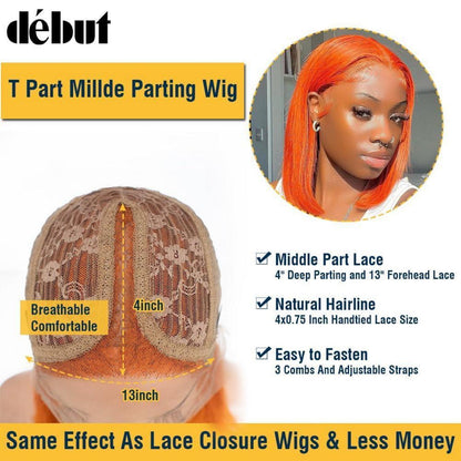 Orange Straight Bob Perücke Echthaar mit Lace Front 20cm