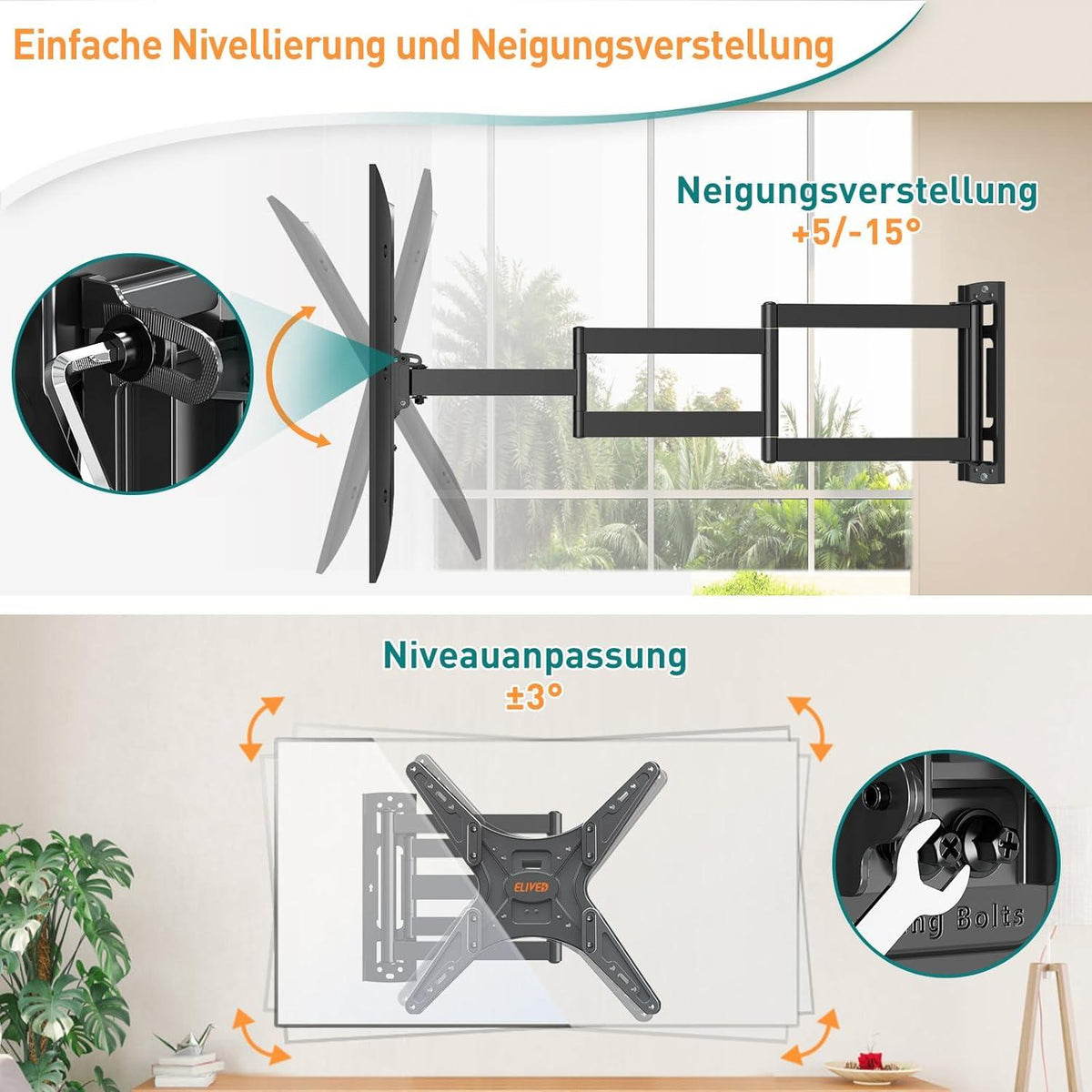 TV Wandhalterung Langarm 26-60 Zoll Fernseher Eckhalterung 749mm, VESA 400x400mm, bis 35KG