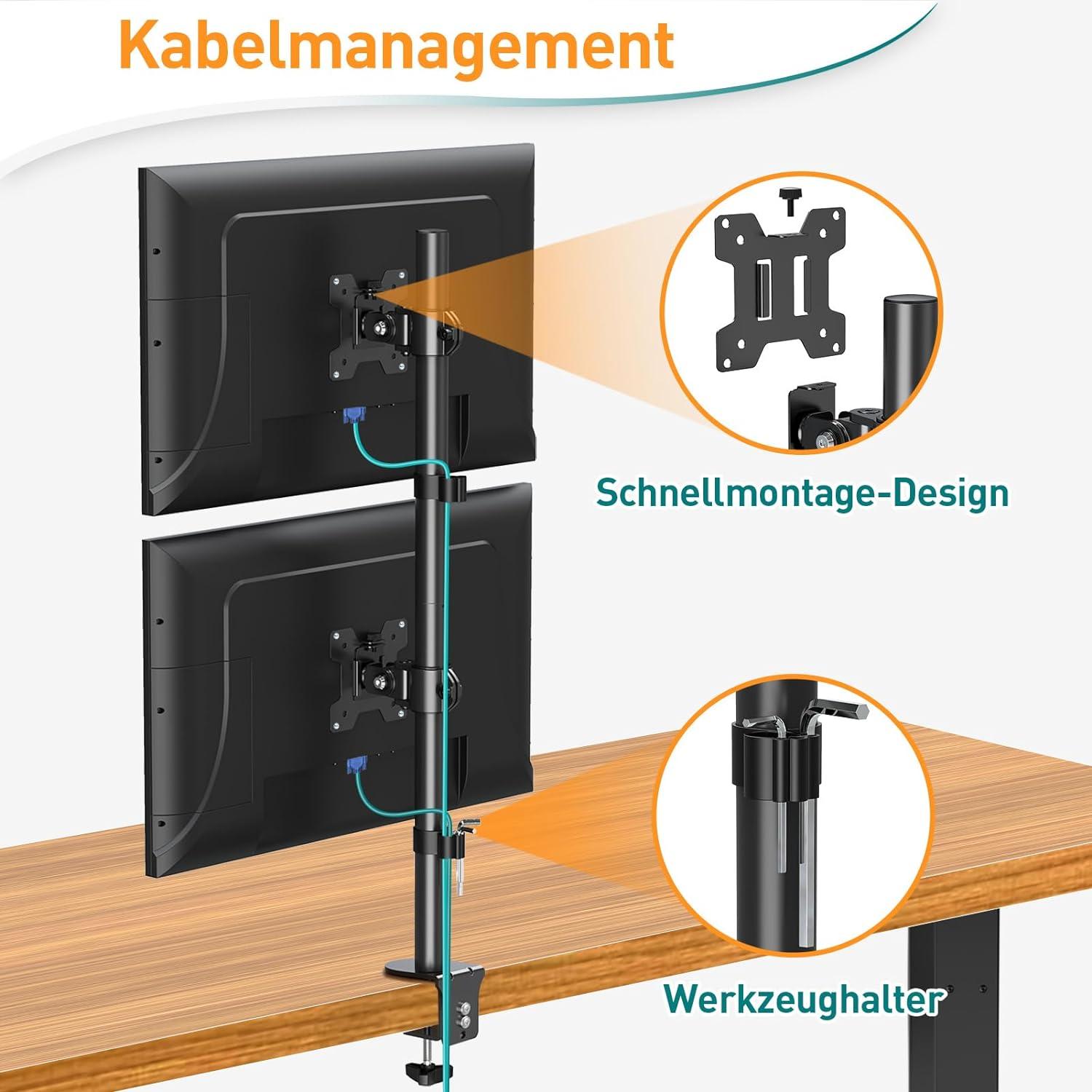 Vertikale Monitor Halterung 2 Monitore 13-32 Zoll bis 8kg, Höhenverstellbar