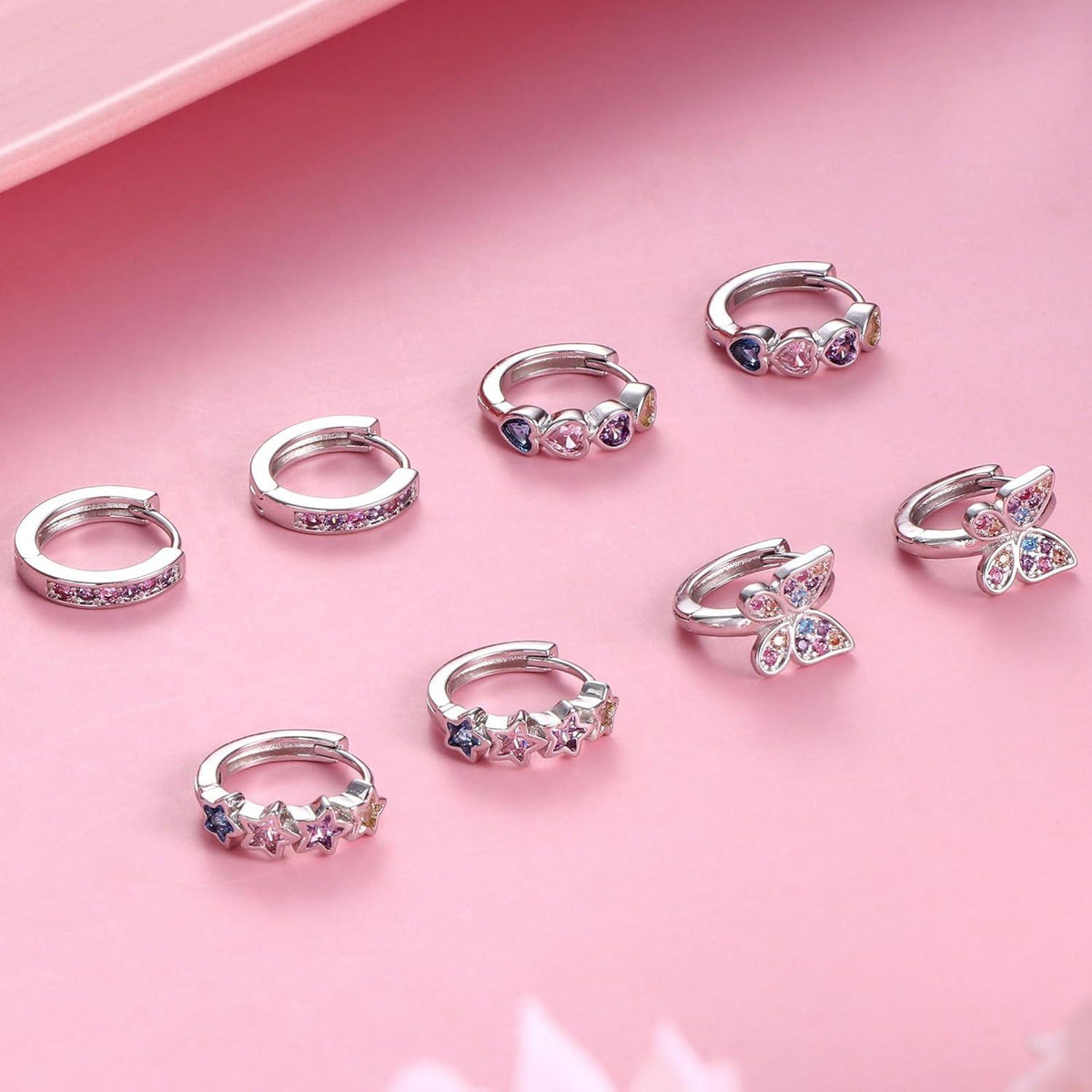 Kleine Creolen Ohrringe Set Mädchen 925 Silber Zirkonia Hypoallergen Blumen Schmetterling Herz Kinder Pink Lila Blau Bunt