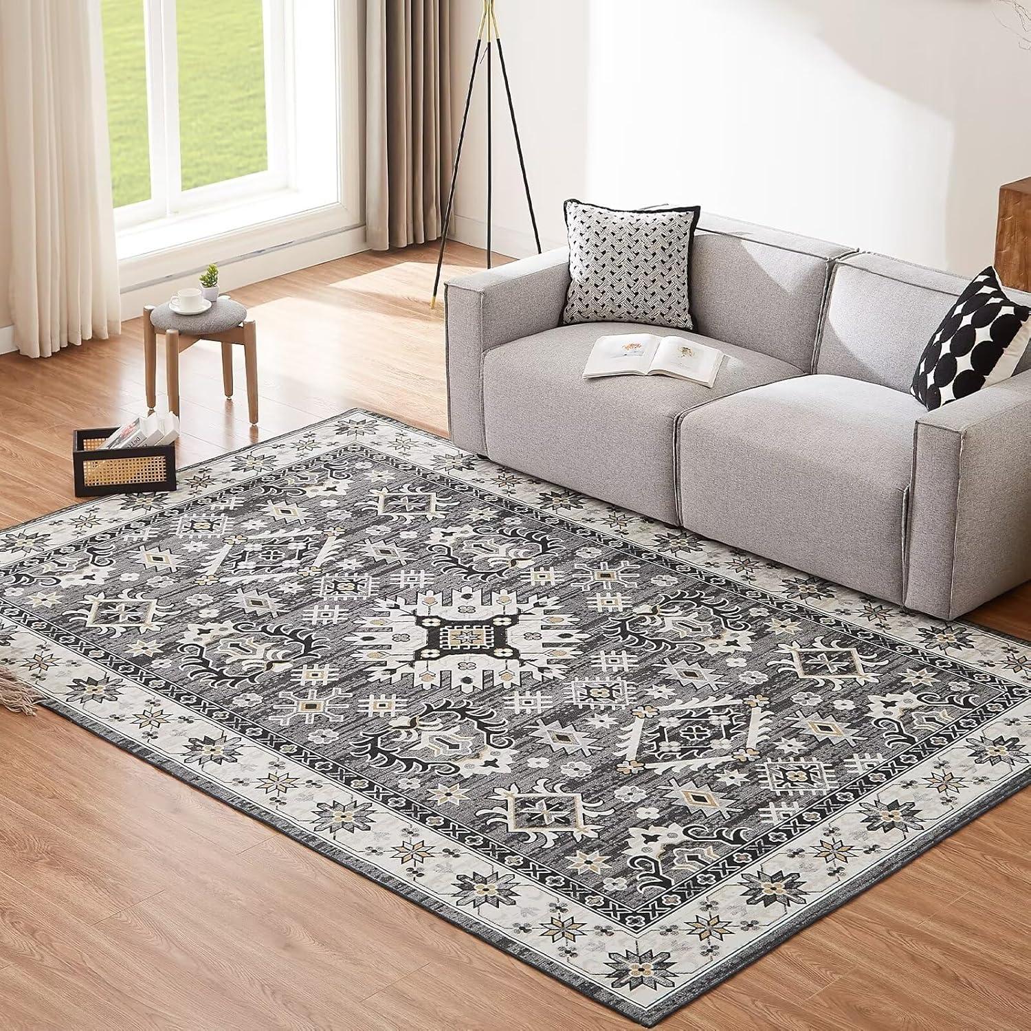 Waschbarer Teppich Vintage 120x170CM Grau rutschfest und weich