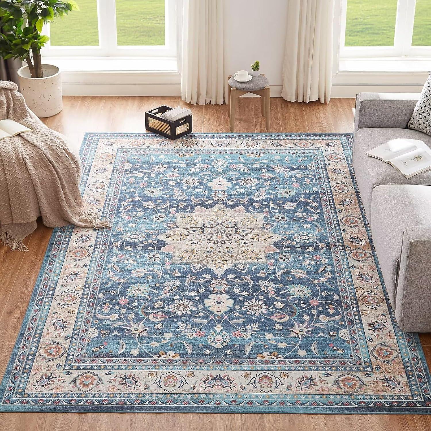 Teppich Wohnzimmer Blau Vintage Kurzflor Waschbar rutschfest