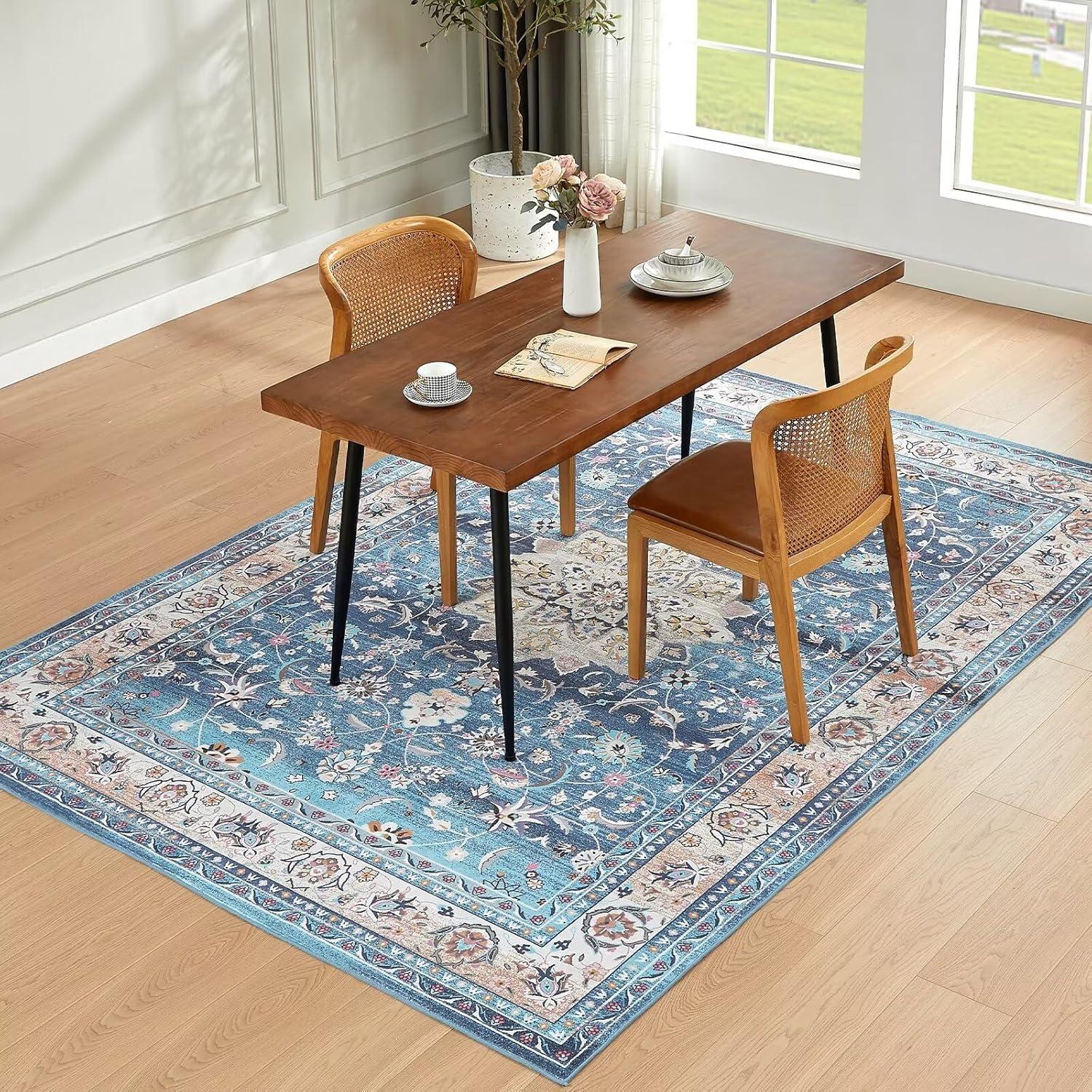 Teppich Wohnzimmer Blau Vintage Kurzflor Waschbar rutschfest
