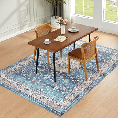 Teppich Wohnzimmer Blau Vintage Kurzflor Waschbar rutschfest