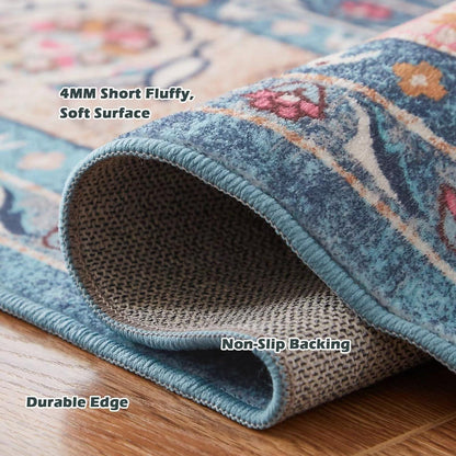 Wohnzimmer Teppich 160x230CM Waschbar Vintage Blau Kurzflor Rutschfest