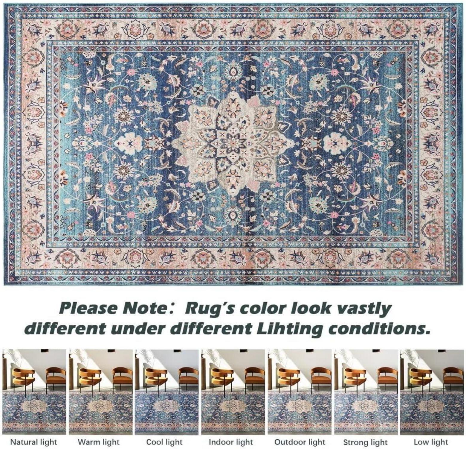 Teppich Wohnzimmer 160x230CM Waschbar Blau Boho Vintage Kurzflor