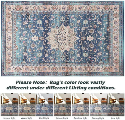 Teppich Wohnzimmer 160x230CM Waschbar Blau Boho Vintage Kurzflor