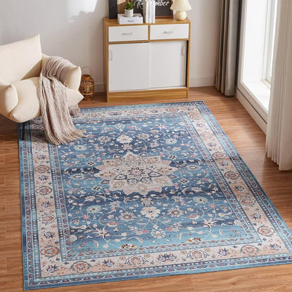 Teppich Wohnzimmer 160x230CM Waschbar Blau Boho Vintage Kurzflor