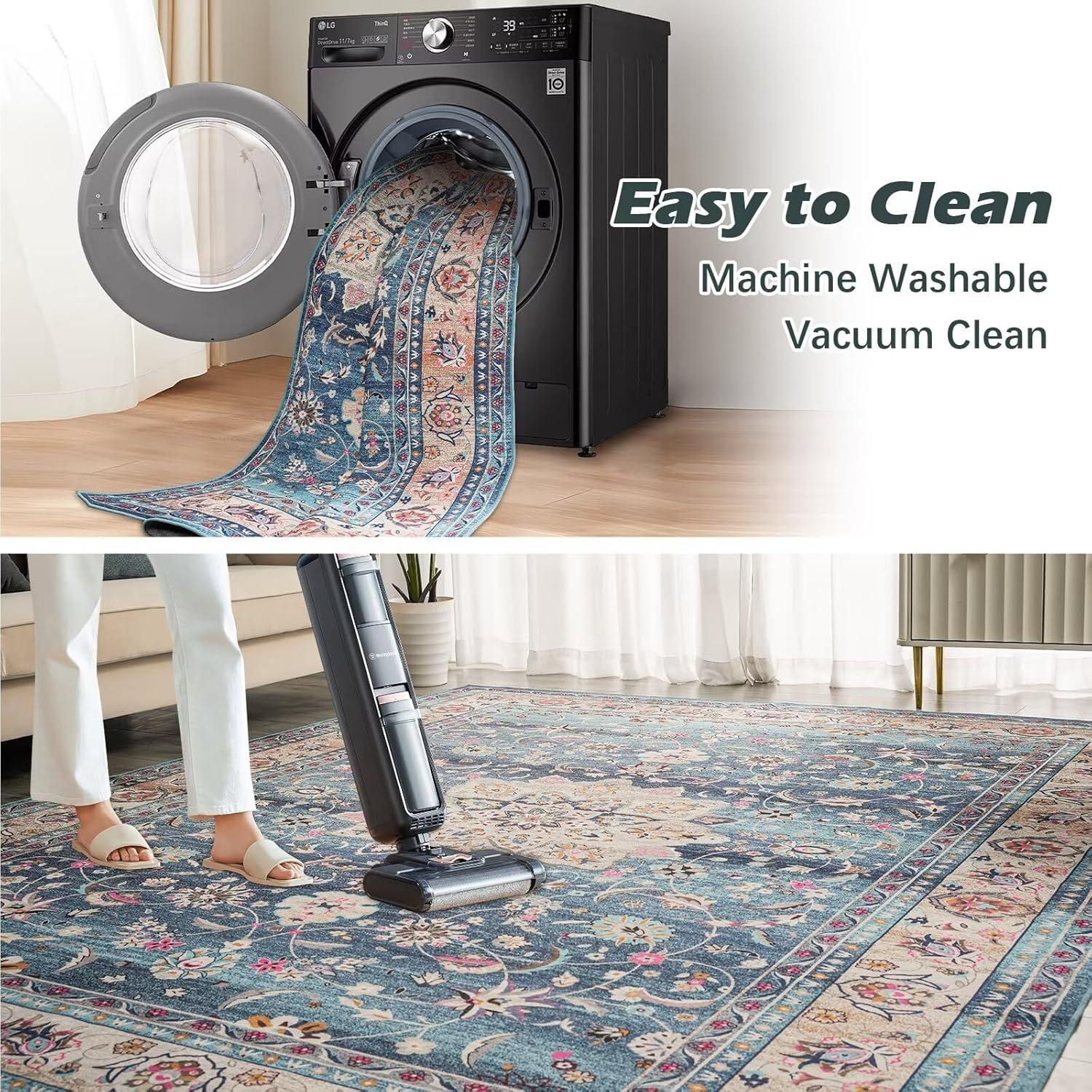Wohnzimmer Teppich 160x230CM Waschbar Vintage Blau Kurzflor Rutschfest