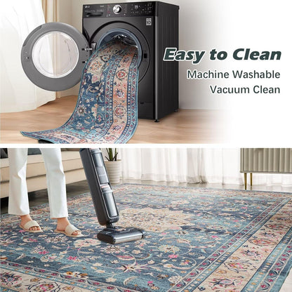 Wohnzimmer Teppich 160x230CM Waschbar Vintage Blau Kurzflor Rutschfest
