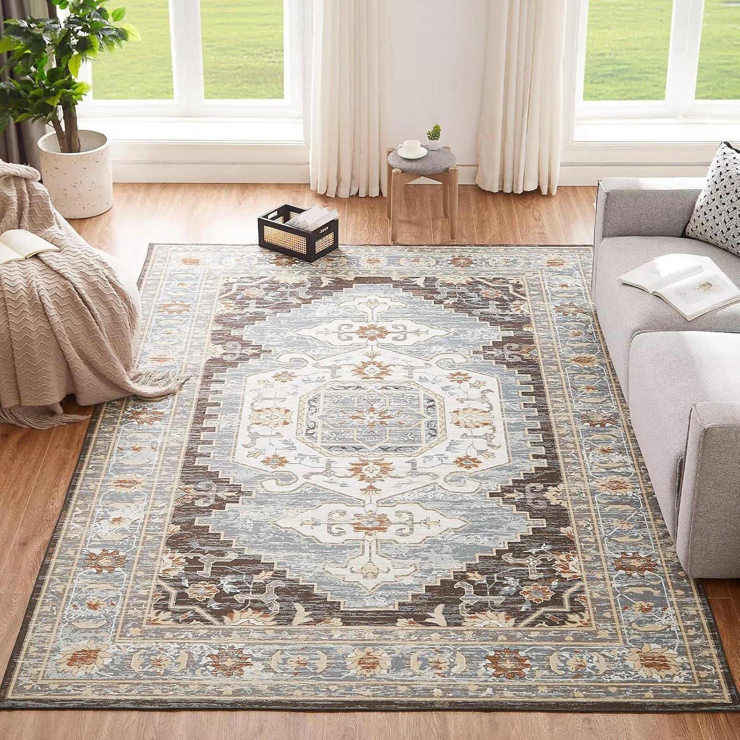 Teppich Braun Vintage Boho 200x290CM - Waschbarer Outdoor Teppich rutschfest - Flauschiger Kurzflor - CHOSHOME