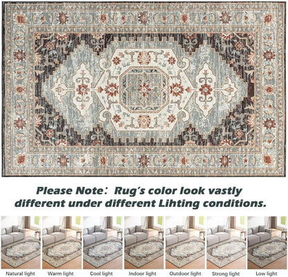 Teppich Wohnzimmer Braun Vintage Boho 200x290CM Waschbar Kurzflor