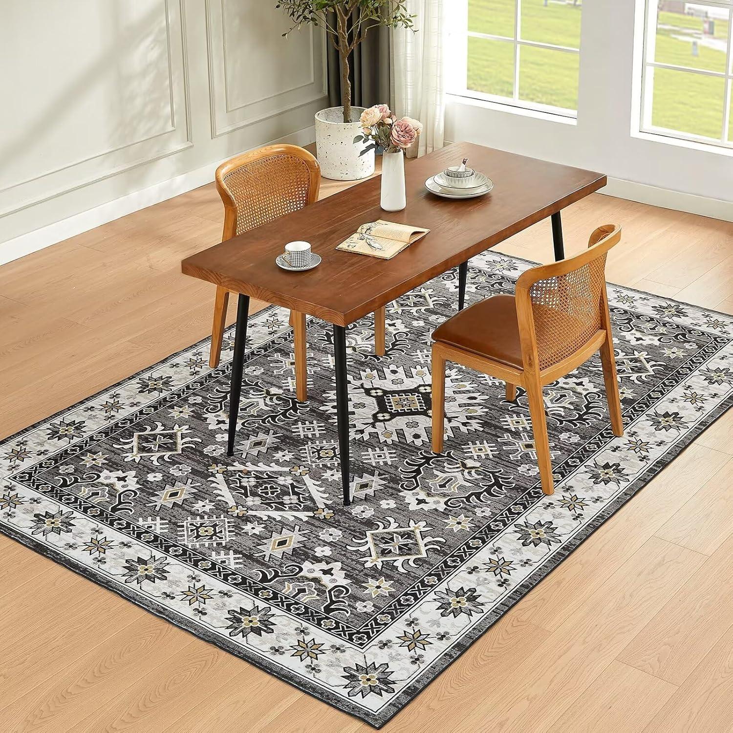 Großer Waschbarer Teppich 160x230CM Grau Vintage Kurzflor Rutschfest