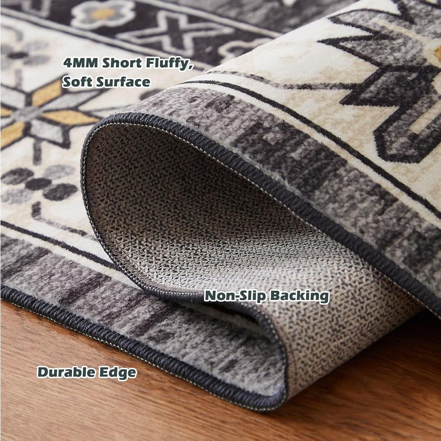 Teppich Vintage Waschbar 160x230CM Kurzflor Grau Boho Rutschfest
