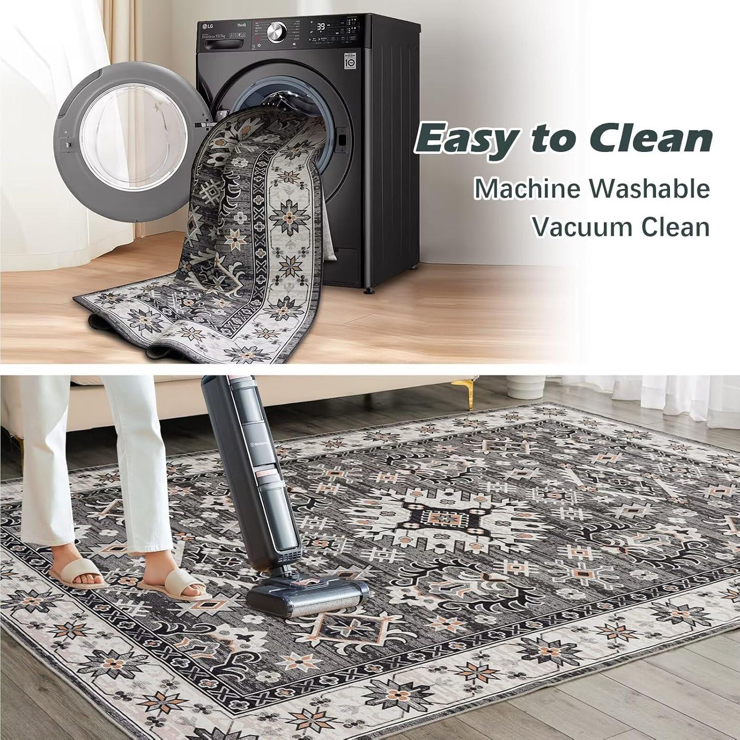 Großer Waschbarer Teppich 160x230CM Grau Vintage Kurzflor Rutschfest