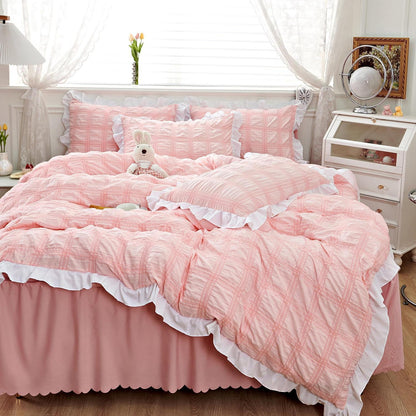 Romantische Bettwäsche 135x200 Rosa Seersucker mit Rüschen