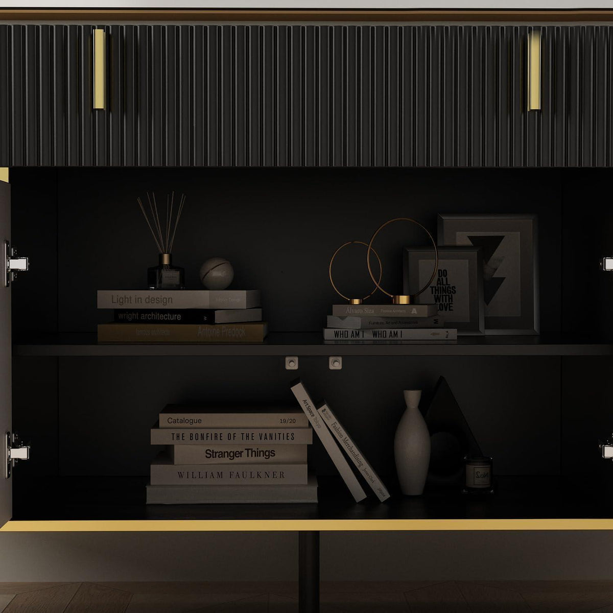 Sideboard Wohnzimmer Schwarz 160cm – Buffet mit 4 Türen & Schublade
