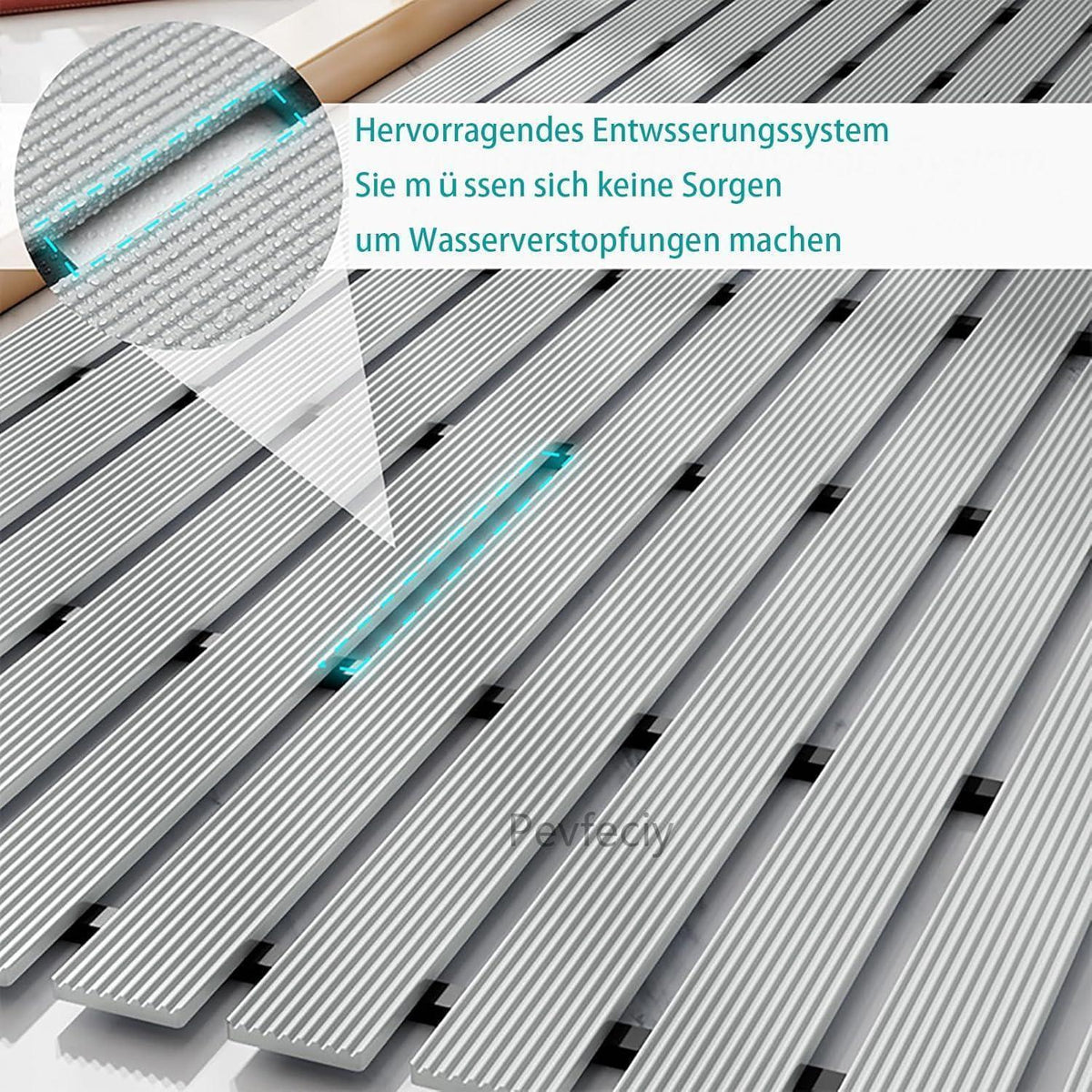 Rutschfeste Duschmatte 122x61 cm – Grau, Entwässerung mit Haken