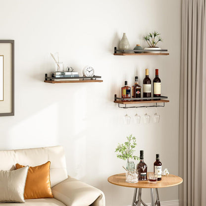 HOOBRO Wand-Weinregal 3er Set mit Glashalter, Vintagebraun