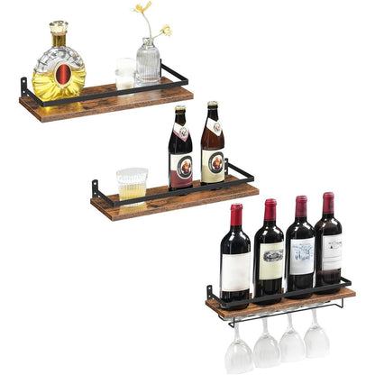 HOOBRO Wand-Weinregal 3er Set mit Glashalter, Vintagebraun