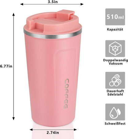 CMKJ Thermobecher Edelstahl 510ml Rosa | Vakuumisolierter Kaffeebecher to Go