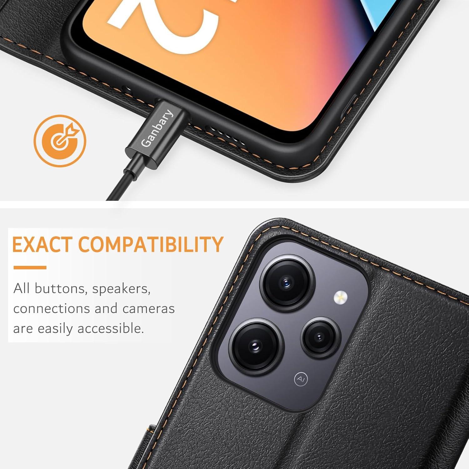 Xiaomi Redmi 12 4G Handyhülle Leder Schwarz mit Kartenschlitzen & Standfunktion