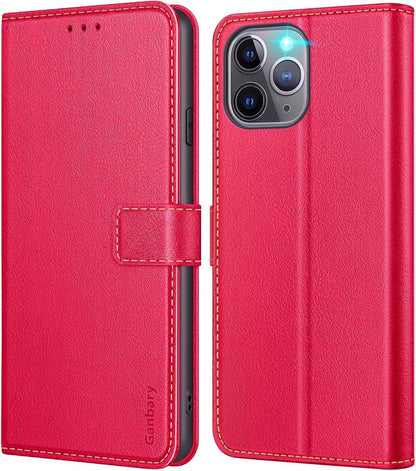 iPhone 11 Pro Hülle Leder Klapphülle mit Kartenschlitzen Rot