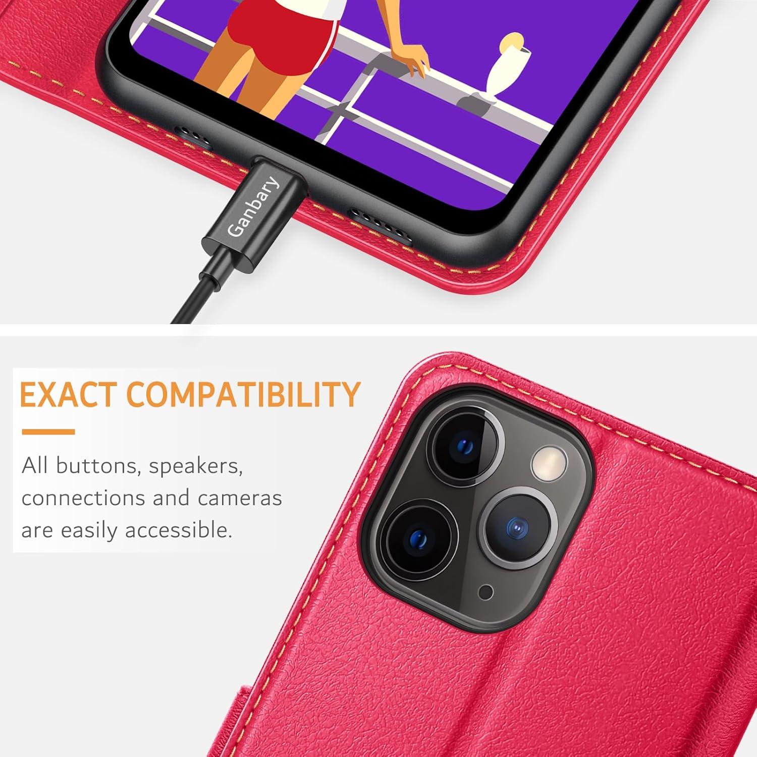 iPhone 11 Pro Hülle Leder Klapphülle mit Kartenfächern und Standfunktion Rot