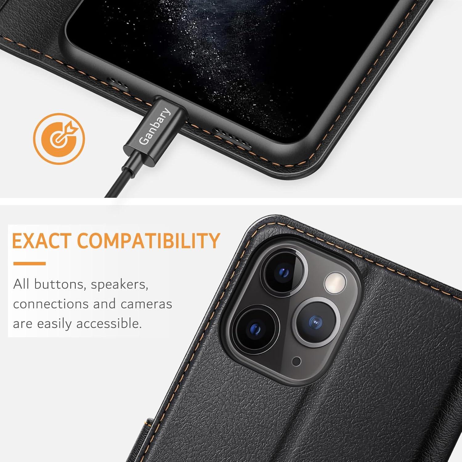 Leder Handyhülle iPhone 11 Pro Schwarz - Klapphülle mit Kartenschlitzen