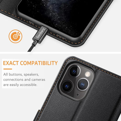 Leder Handyhülle iPhone 11 Pro Schwarz - Klapphülle mit Kartenschlitzen