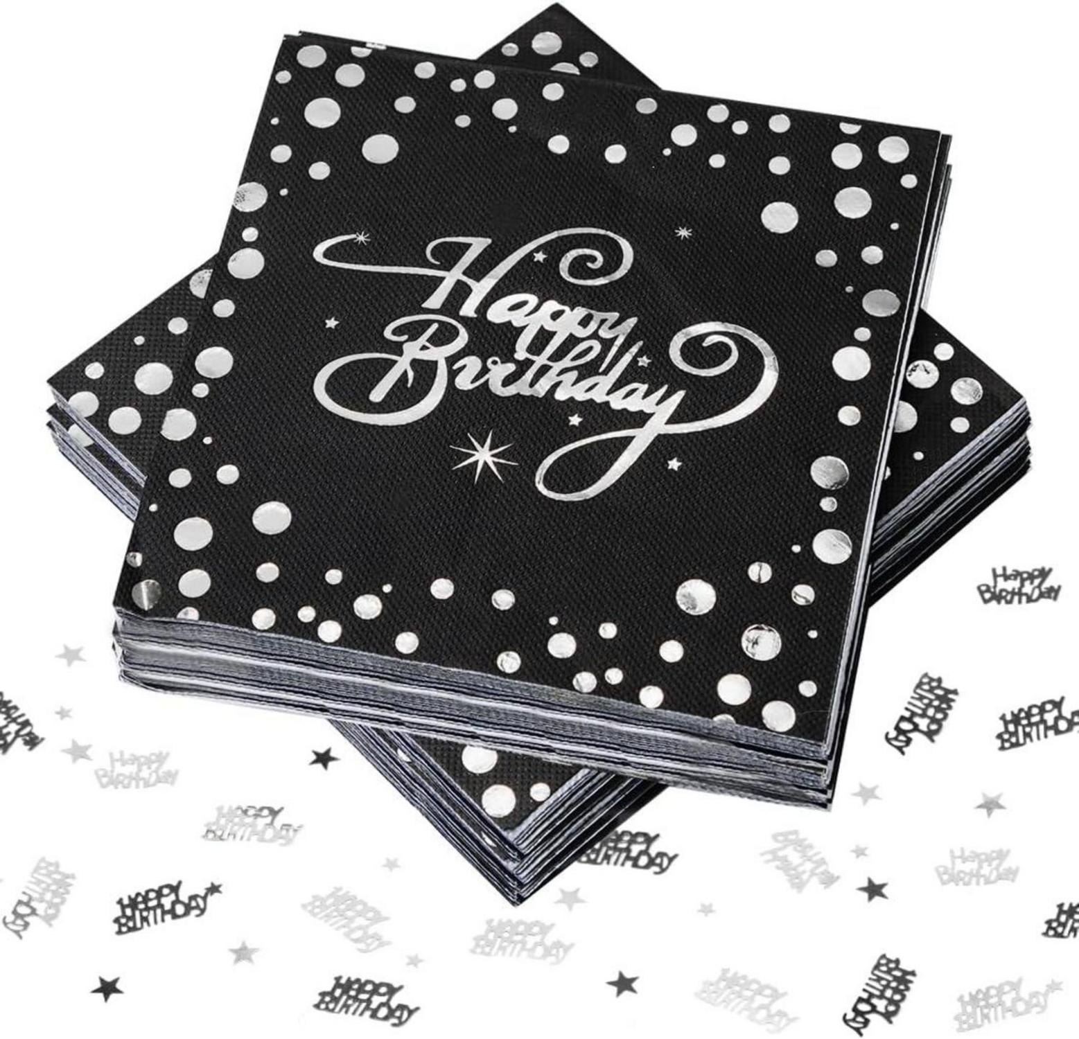 40 Stück Servietten Happy Birthday Schwarz Silber 33x33cm