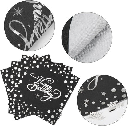 40 Stück Servietten Happy Birthday Schwarz Silber 33x33cm