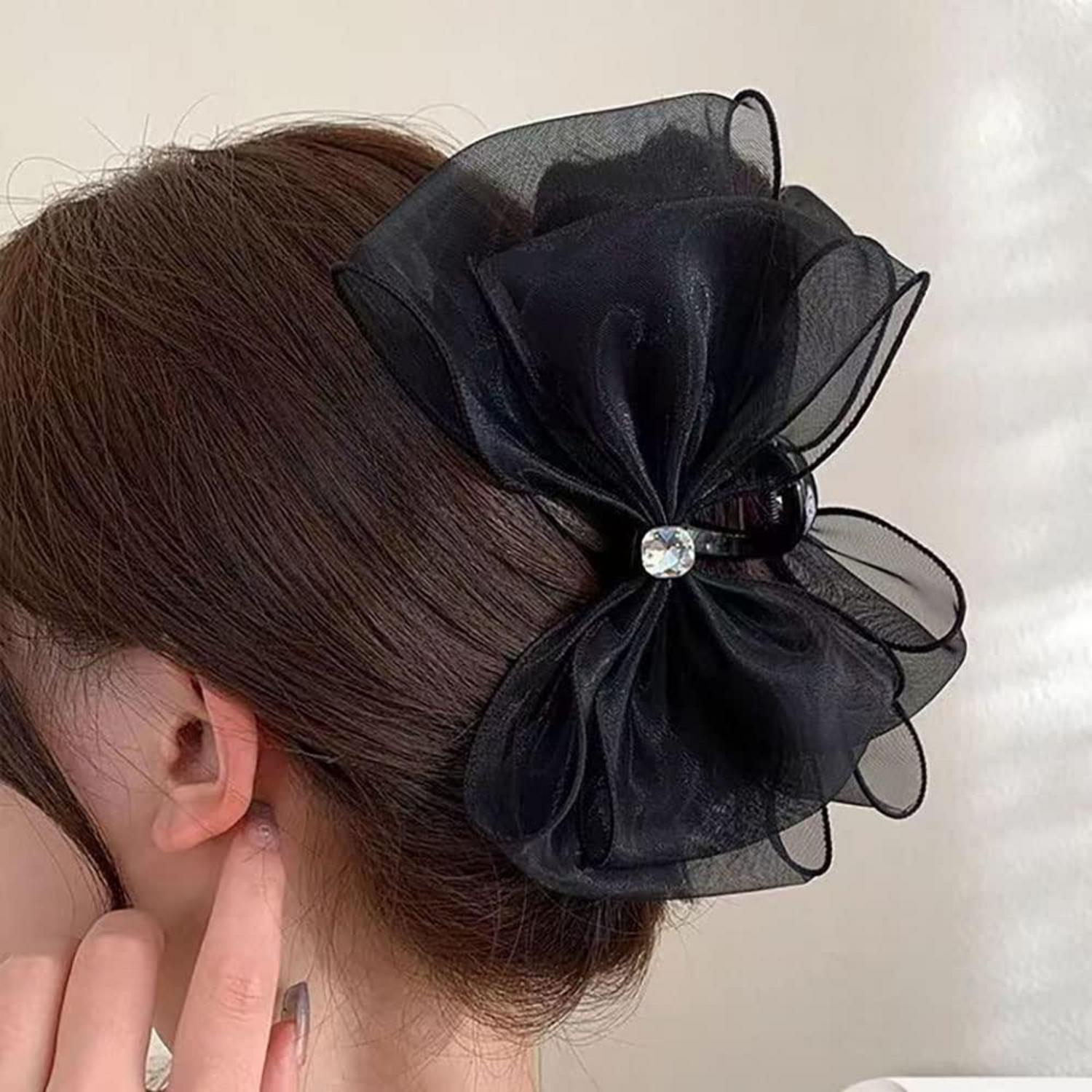 Schwarze Tüllschleife Haarklammer Groß Damen Hair Clip Strasssteine