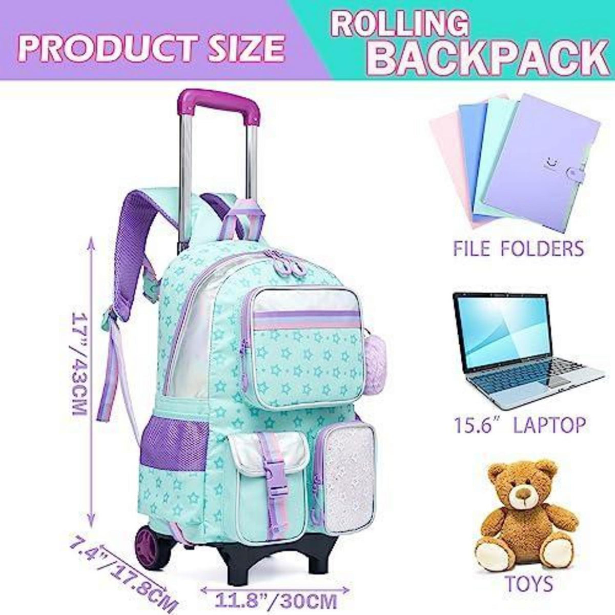 Rollrucksack für Mädchen mit Rädern & Brotdose – 17 Zoll