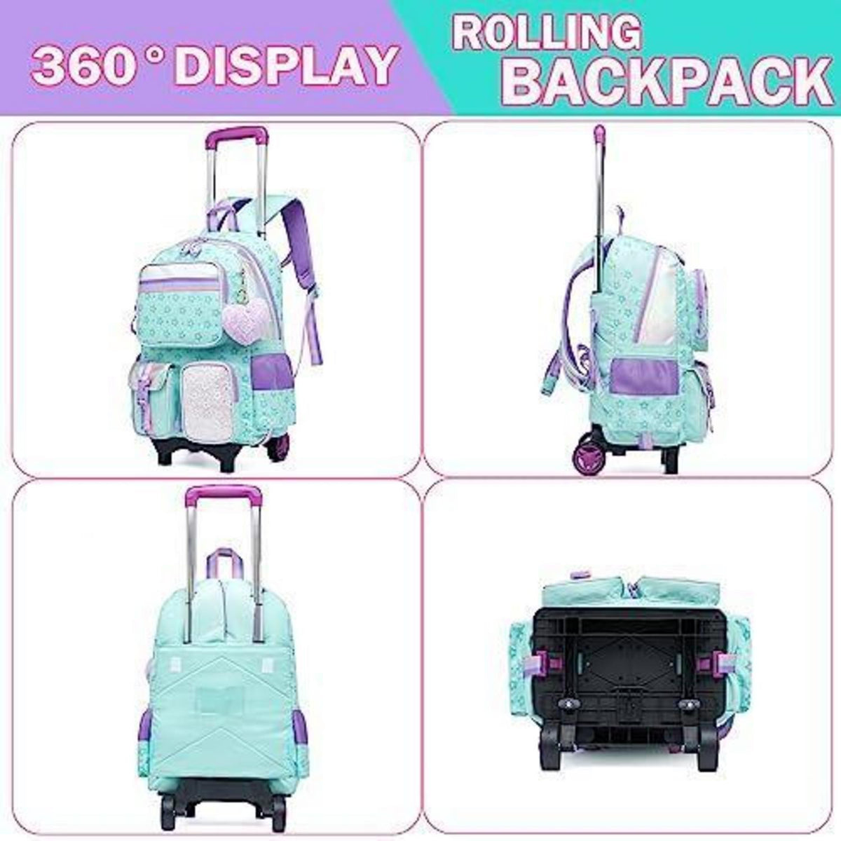 Rollrucksack für Mädchen mit Rädern & Brotdose – 17 Zoll