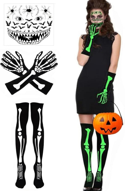 Halloween Skelett Kostüm Set mit leuchtenden Handschuhen & Strumpfhose