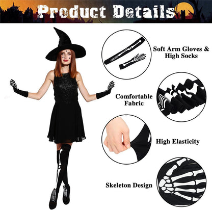 Halloween Skelett Kostüm Set mit leuchtenden Handschuhen & Strumpfhose