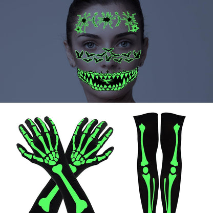 Halloween Kostüm Skelett Handschuhe Strumpfhose Damen Tattoo leuchtend