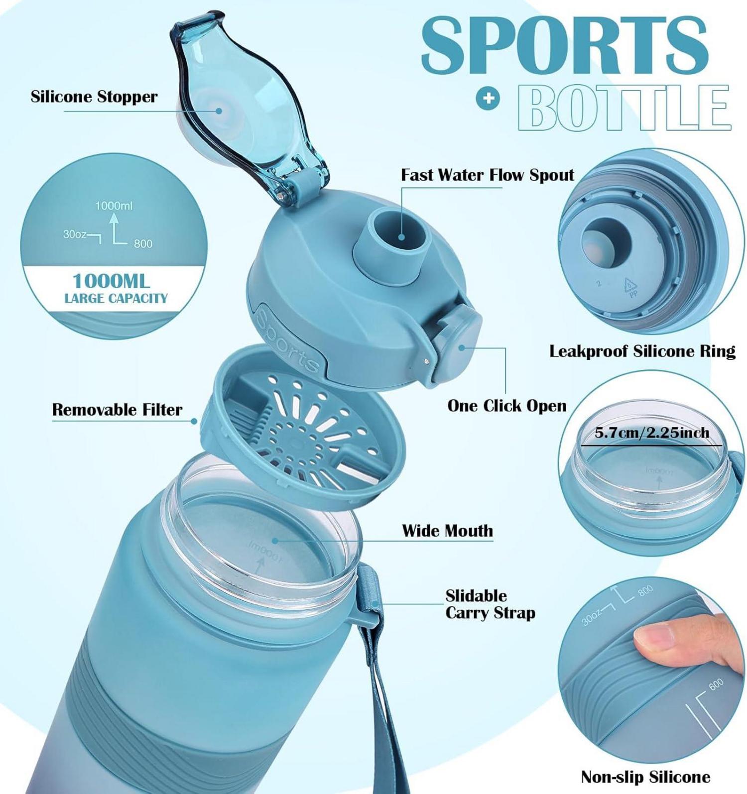 Trinkflasche BPA-frei 1 Liter Sport Auslaufsicher 1L Fitnessstudio