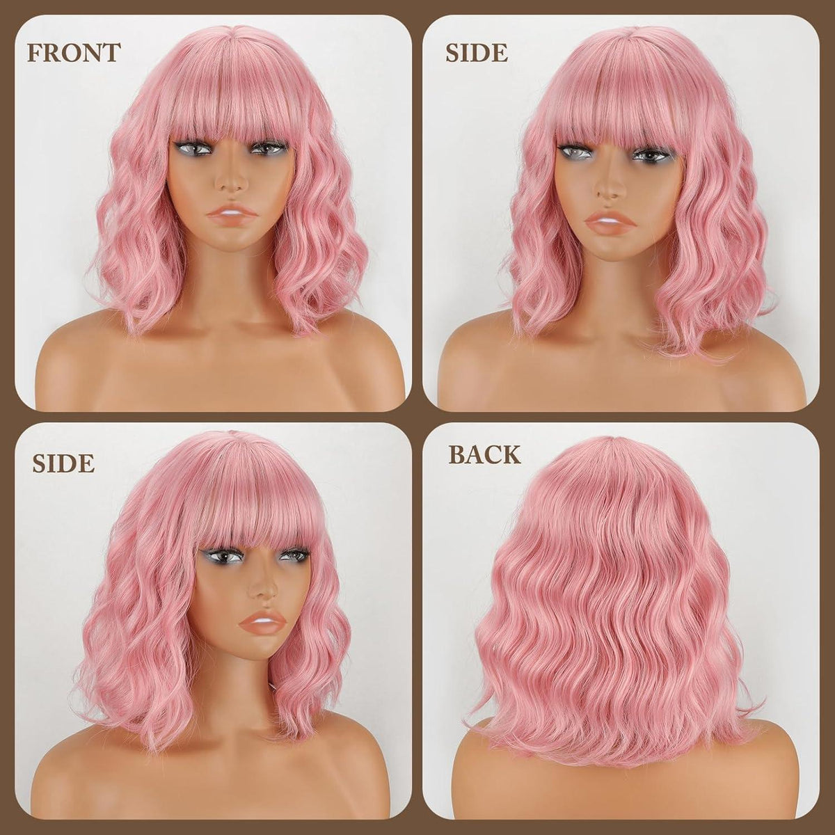 Rosa Bob Perücke mit Pony – Synthetisch, gewellt, Cosplay