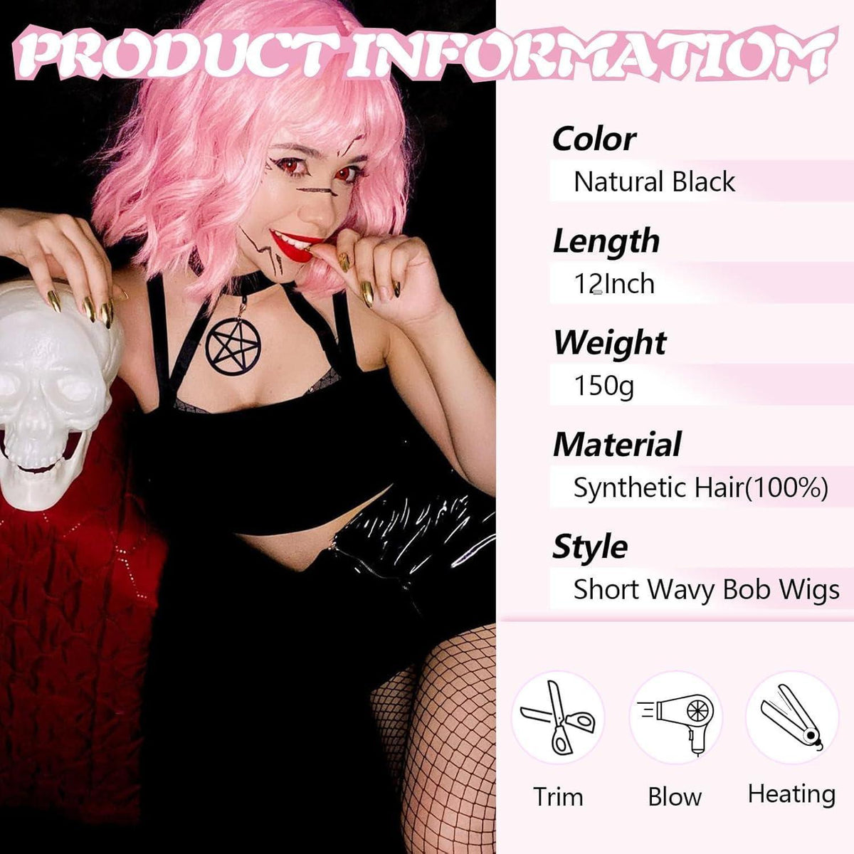 Rosa Bob Perücke mit Pony – Synthetisch, gewellt, Cosplay