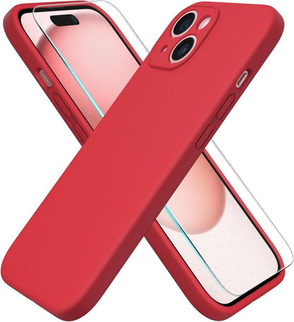 iPhone 15 Liquid Silicone Hülle mit Kameraschutz und Schutzfolie - Rot