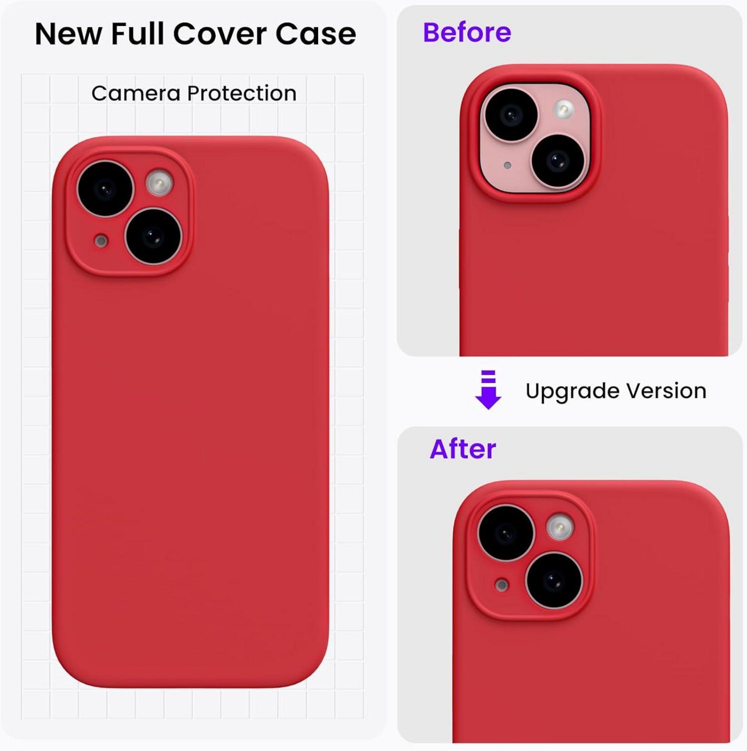 iPhone 15 Hülle mit Kameraschutz und 2 Schutzfolien - Flüssiges Silikon - Rot