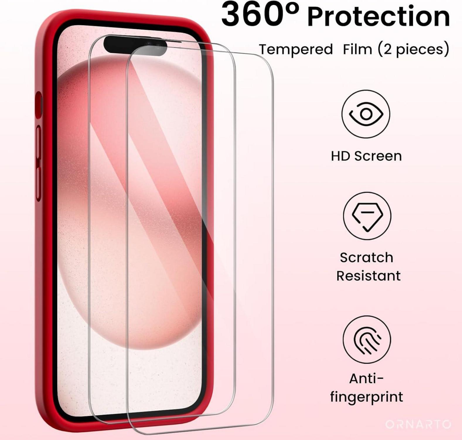 iPhone 15 Hülle Kameraschutz 2 Schutzfolien Silikon Rot