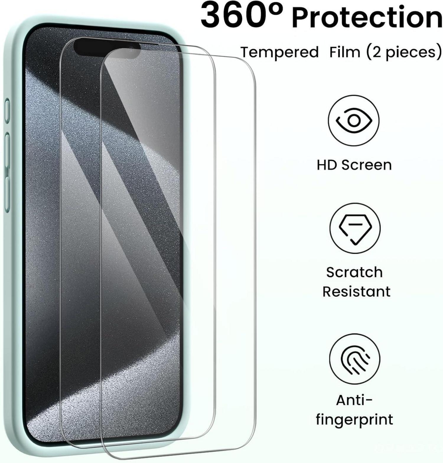 ORNARTO iPhone 15 Pro Hülle + 2 Schutzfolien, Flüssiges Silikon, Kameraschutz