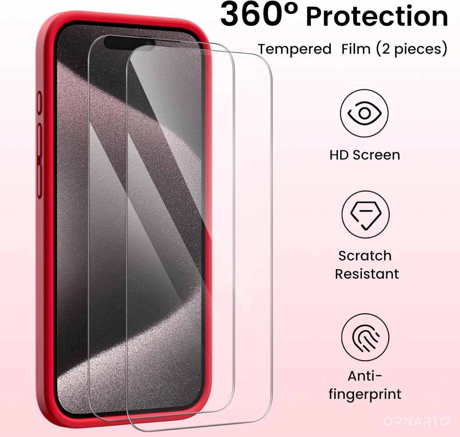 iPhone 15 Pro Hülle flüssiges Silikon Kameraschutz 2 Schutzfolien 6.1 Zoll Rot